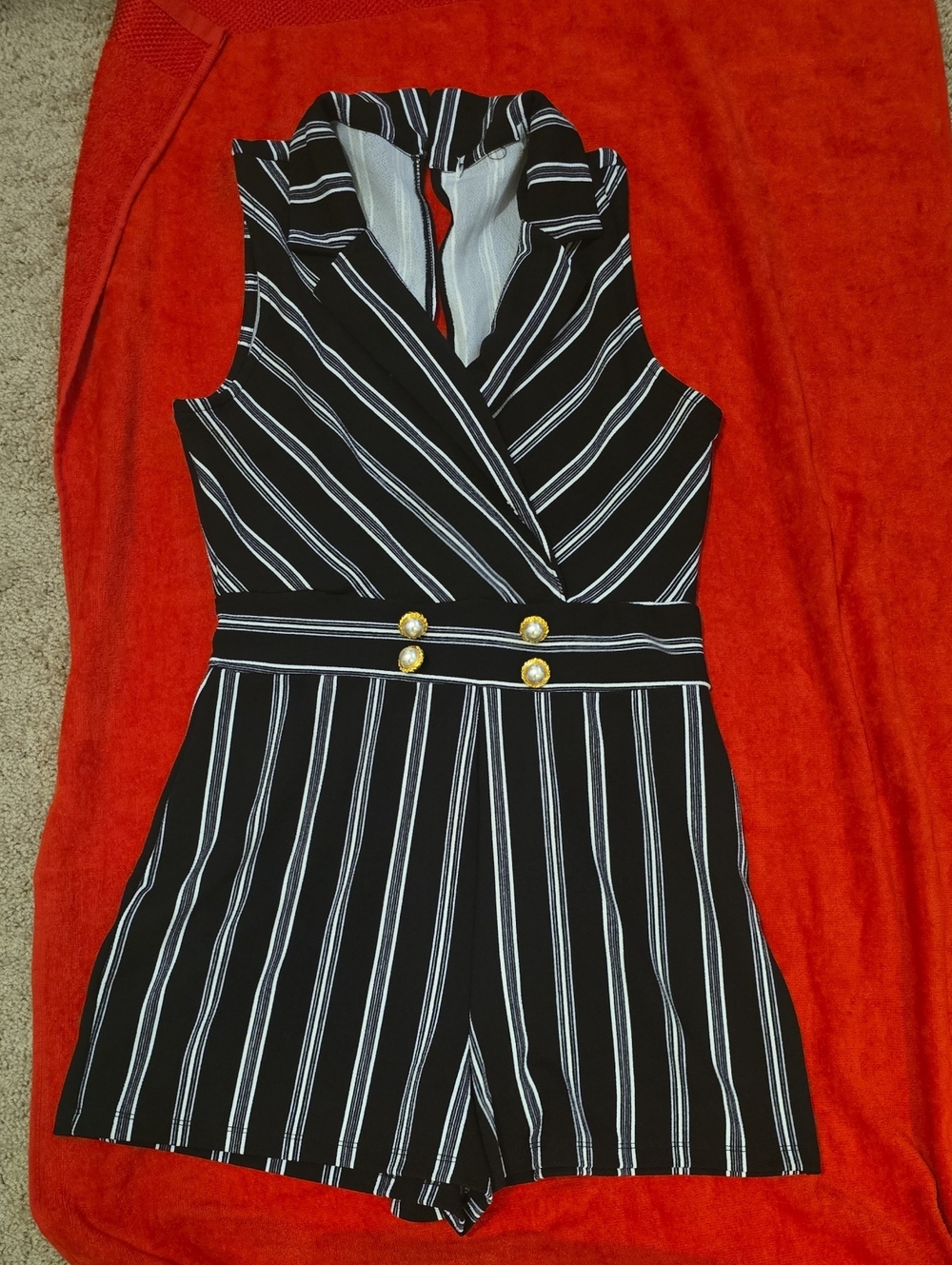 Striped Black and White Sleeveless Romper with Gold Buttons